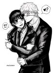  1boy 1girl black_eyes blush chainsaw_man collared_shirt couple crossed_arms denji_(chainsaw_man) eyelashes eyepatch highres hug hug_from_behind mitaka_asa monochrome necktie open_mouth shirt suit surprise_hug surprised teeth twintails upper_teeth_only wischkaa 