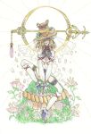 1girl bare_shoulders blonde_hair body_markings chain commentary_request detached_sleeves eye_on_hat flower full_body grass hair_ornament hair_over_one_eye jewelry kneehighs long_hair looking_at_viewer moriya_suwako navel on_rock rope shimenawa sitting smile socks solo surume_(surumemodoki) thighlet toeless_legwear touhou white_socks 