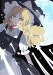  1girl apron black_hat black_skirt black_vest blonde_hair bow braid commentary_request full_moon hair_bow hat highres huge_moon kirisame_marisa long_hair looking_at_viewer moon open_mouth puffy_short_sleeves puffy_sleeves ramochi red_bow short_sleeves single_braided_sidelock skirt sky solo star_(sky) star_(symbol) starry_sky touhou vest white_apron witch_hat yellow_eyes 