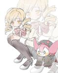  1girl beret blonde_hair bow charlotte_(madoka_magica) drill_hair hat high_heels highres long_hair long_sleeves mahou_shoujo_madoka_magica mahou_shoujo_madoka_magica:_hangyaku_no_monogatari mitakihara_school_uniform na_dara pantyhose school_uniform simple_background skirt sleeves_past_fingers sleeves_past_wrists smile tomoe_mami twin_drills twintails white_background witch_(madoka_magica) yellow_eyes 