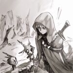  1boy blurry blurry_background cape closed_mouth commentary_request cowboy_shot creature fantasy from_side grey_background highres hood hood_up hooded_cape jun_(navigavi) looking_at_another male_focus monochrome open_mouth original pants short_hair sketch solo_focus sword sword_on_back very_short_hair weapon weapon_on_back 