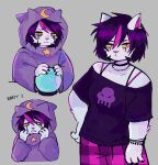  1girl absurdres animal_ears animal_nose black_hair black_nails black_shirt bracelet cat_ears cat_girl catti_(deltarune) cerise_(ceriisu) choker colored_sclera commentary cosplay crying crying_with_eyes_open crystal_ball deltarune emoticon english_commentary english_text expressionless frown furry furry_female grey_background hand_on_own_hip highres homestuck hood hood_up hooded_robe jewelry looking_at_object looking_at_viewer makeup moon multicolored_hair orb parted_lips plaid_clothes plaid_shorts purple_eyes purple_robe purple_streaks ribbon_choker robe rose_lalonde rose_lalonde_(cosplay) runny_makeup sad shirt short_hair shorts solo squid_print star_(symbol) streaked_hair string_bra tears utdr_(toby_fox) white_fur yellow_sclera 
