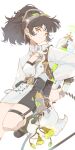  1girl :3 absurdres an-an_lee backpack bag black_hair black_shoes chinese_commentary commentary_request dress earrings foot_out_of_frame goggles goggles_on_head grey_leg_warmers highres holding holding_weapon jewelry lazi_miaoshi leg_up leg_warmers looking_at_viewer medium_hair official_alternate_costume pencil_dress ponytail reverse:1999 shoes short_dress smile solo weapon white_background white_dress yellow_eyes 