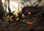  1boy armor bag belt black_cloak blurry blurry_background cloak closed_mouth commentary_request dappled_sunlight debris earclip earrings fantasy feet_out_of_frame from_side frown gauntlets glowing glowing_eyes gold_armor highres holding holding_polearm holding_shield holding_weapon jacket jewelry jun_(navigavi) knee_armor lance light_particles looking_at_another male_focus monster motion_blur orange_eyes original outdoors pauldrons polearm profile punching shield short_hair shoulder_armor slit_pupils sunlight tunic weapon white_hair yellow_armor yellow_tunic 