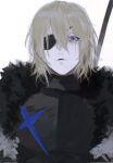  1boy armor bags_under_eyes black_armor black_fur blonde_hair blue_eyes breastplate closed_mouth commentary dimitri_alexandre_blaiddyd dimitri_alexandre_blaiddyd_(timeskip) double-parted_bangs english_commentary eyepatch fire_emblem fire_emblem:_three_houses fur_trim hair_between_eyes highres male_focus medium_hair mnxiaotu one_eye_covered polearm simple_background solo upper_body weapon white_background white_fur 