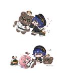  >_< ... 2girls @_@ afterimage animal_costume aurelia_academy_school_uniform bangboo_(zenless_zone_zero) bear_costume belle_(brilliance_of_stars)_(zenless_zone_zero) belle_(zenless_zone_zero) black_hat blue_hair blush closed_eyes closed_mouth commentary crossed_bangs eous_(zenless_zone_zero) flying_sweatdrops green_eyes hair_between_eyes hair_ornament hairclip hat highres hue_oo lying mr._roar_(zenless_zone_zero) multiple_girls official_alternate_costume on_back open_mouth pink_hair pointy_ears remielle_dan school_uniform short_hair simple_background sitting squiggle sweat untranslatable_commentary white_background zenless_zone_zero 