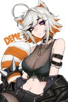  1girl absurdres ahoge animal_ears arm_belt arm_strap bare_shoulders black_jacket breasts character_name collar colored_inner_animal_ears commentary crop_top cross cross_necklace demenishki facial_mark fish fluffy_tail highres indie_virtual_youtuber jacket jacket_partially_removed jewelry large_breasts large_tail leather leather_jacket looking_at_viewer midriff mikuneki multicolored_hair navel necklace off_shoulder orange_hair purple_eyes red_panda_ears red_panda_girl red_panda_tail see-through_cleavage see-through_clothes short_hair shorts sidelocks simple_background solo spiked_collar spikes tail virtual_youtuber whisker_markings white_background white_hair 