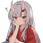  1girl ? arm_rest blush closed_mouth commentary dot_nose gradient_hair grey_hair hair_between_eyes hand_on_own_cheek hand_on_own_face haruka1382277 highres hololive horns japanese_clothes kimono long_hair long_sidelocks looking_at_viewer multicolored_hair nakiri_ayame oni red_eyes red_hair red_kimono short_sleeves sidelocks simple_background skin-covered_horns solo untranslatable_commentary upper_body v-neck virtual_youtuber white_background 