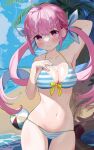  1girl absurdres ahoge akumo ball beach beachball bikini bird blue_bikini blush bow bow_bikini breasts cleavage cloud commentary_request curly_twintails embarrassed hair_ornament halterneck highres hololive innertube large_breasts long_hair looking_at_viewer minato_aqua navel outdoors palm_tree pink_eyes pink_hair sand sky solo string_bikini striped_bikini striped_clothes swim_ring swimsuit thigh_gap tree triangle_bikini_top twintails very_long_hair virtual_youtuber water white_bikini 