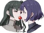  2girls akiha_school_uniform bang_dream! bang_dream!_yumemita blush commentary eye_contact food french_girly fruit fuji_miyako_(real) green_hair guagua977 long_hair looking_at_another mole mole_under_mouth multiple_girls open_mouth purple_eyes purple_hair school_uniform shared_food sharing sharing_food simple_background strawberry untranslatable_commentary viola_(bang_dream!) yuri 