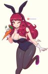  1girl :d ;d alternate_costume animal_ear_hairband animal_ears armpits artist_name bare_arms black_pantyhose breasts carrot cleavage commentary covered_navel english_commentary facing_viewer fake_animal_ears fire_emblem fire_emblem_engage flats foot_out_of_frame gloves grin hair_ornament hairband hand_up highres holding holding_carrot large_breasts leotard light_blush long_hair mary_janes medium_breasts one_eye_closed pantyhose patreon_username pink_shoes playboy_bunny rabbit_ear_hairband rabbit_ears raydango red_eyes red_hair shoes sideways_glance simple_background smile solo star_(symbol) star_hair_ornament strapless strapless_leotard thighs very_long_hair white_gloves yellow_background yunaka_(fire_emblem) 