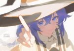  1girl black_hat blue_eyes blue_hair crossed_bangs from_above hat highres mushoku_tensei pointing pointing_at_viewer roxy_migurdia shirt simple_background solo wangyu24601 white_background white_shirt witch_hat 