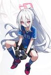  1girl absurdres alternate_costume alternate_hairstyle amamiyayk ball black_gloves blue_archive chinese_commentary commentary_request gloves goalkeeper hair_between_eyes halo highres holding holding_ball invisible_chair kei_(blue_archive) kei_(student)_(blue_archive) long_hair long_hair_between_eyes looking_at_viewer pink_eyes pink_halo ponytail rectangular_halo ringed_eyes sitting soccer_ball soccer_uniform solo sportswear white_hair zoom_layer 