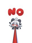  1girl ahoge black_horns black_jacket blush chibi chibi_only closed_mouth collared_shirt commentary_request curled_horns demon_tail grey_hair hair_between_eyes highres horns jacket long_hair looking_at_viewer medium_hair necktie red_eyes red_necktie shirt simple_background sitting solo syurikenmaru tail v-shaped_eyebrows white_background white_hair wuthering_waves zani_(wuthering_waves) 