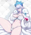  1girl anastasya_feodorovna_snezhnaya bra breasts cleavage coat crown cup drinking_glass from_side fur_coat genshin_impact gloves hair_between_eyes hand_on_own_chest highres holding holding_cup lace-trimmed_bra lace_trim lipstick looking_at_viewer makeup medium_hair navel nofuture open_mouth panties patreon_username pointy_ears sitting smile solo spread_legs stomach underwear white_bra white_eyes white_gloves white_hair white_panties wine_glass 