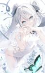  1girl aqua_butterfly aqua_eyes bare_shoulders blurry blurry_foreground breasts bug butterfly commentary_request demon_tail dot_nose falling_petals hair_between_eyes hair_intakes hair_ribbon hands_up hatenashun422 heart heart_hands highres leaning_forward long_hair looking_at_viewer original pelvic_curtain petals ribbon side-tie_dress small_breasts smile solo tail thighs white_hair 