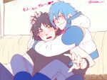  2boys black_hair black_shirt blue_hair blush brown_eyes closed_mouth commentary_request denim dramatical_murder fingernails headpat headphones headphones_around_neck hug hug_from_behind jeans knees_up kuwa_ayase male_focus multiple_boys pants ren_(dramatical_murder) seragaki_aoba shirt translation_request twitter_username watch wristwatch yaoi 