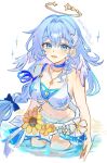  1girl aqua_eyes bare_shoulders bikini blue_choker blue_hair breasts choker cleavage commentary_request hair_ornament halo head_wings honkai:_star_rail honkai_(series) jewel_under_eye jewelry large_breasts long_hair looking_at_viewer low-tied_long_hair nanase_sato necklace open_mouth robin_(honkai:_star_rail) robin_(summeretto)_(honkai:_star_rail) sarong simple_background smile solo starfish_hair_ornament swimsuit twitter_username very_long_hair wading water white_background white_bikini white_sarong white_wings wings 