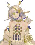  1girl arknights bare_shoulders belt blonde_hair closed_mouth collarbone commentary dragon_bean_(arknights) dragon_girl dragon_horns earrings grey_belt grey_eyes grey_hair grey_jacket grey_tube_top hair_between_eyes hair_intakes highres horns jacket jewelry kei_(a_key_kuuuun) long_hair looking_at_viewer multicolored_hair necklace off_shoulder pointy_ears purple_hair shu_(arknights) simple_background smile solo strapless tube_top white_background 