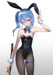  1girl absurdres alternate_costume animal_ear_hairband animal_ears ass_visible_through_thighs axe azumi_illust bare_shoulders black_hairband black_leotard black_pantyhose blue_bow blue_bowtie blue_eyes blue_hair blush bow bowtie breasts bunny_day cleavage commentary_request covered_navel cowboy_shot detached_collar double-parted_bangs drop_shadow fake_animal_ears gradient_background grey_background hair_between_eyes hair_bow hairband hand_up highres holding holding_axe hololive hoshimachi_suisei leotard licking_lips long_hair looking_at_viewer one_eye_closed pantyhose playboy_bunny polka_dot polka_dot_background rabbit_ear_hairband rabbit_ears side_ponytail sidelocks simple_background skindentation small_breasts solo standing strapless strapless_leotard thigh_strap thighs tongue tongue_out twitter_username virtual_youtuber white_background wrist_cuffs 