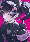  1girl armband black_gloves black_hair blush bow breasts commentary english_commentary gloves hair_bow hat highres idolmaster idolmaster_shiny_colors looking_at_viewer morino_rinze niac nurse_cap parted_lips red_eyes small_breasts solo twintails 