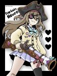  1girl absurdres badge bandaid bandaid_on_knee bandaid_on_leg bicorne black_border black_hair black_thighhighs blue_eyes blue_sailor_collar blue_skirt border bow bowtie brown_hair button_badge cardigan character_name commentary cowboy_shot english_commentary eyepatch from_side green_bow green_bowtie grin hair_between_eyes hair_ornament hair_ribbon hat heart heart_hair_ornament highres holding holding_weapon long_hair long_sleeves mantisprayer22 miniskirt neuro-sama neuro-sama_(1st_costume) pirate_hat pleated_skirt red_ribbon ribbon sailor_collar single_thighhigh skirt smile solo thighhighs two_side_up vedal_ai virtual_youtuber weapon yellow_cardigan 