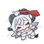  1girl ahoge black_horns blush chibi chibi_only closed_eyes commentary_request curled_horns demon_tail from_above full_body grey_hair grey_shirt grey_shorts hair_between_eyes horns long_hair lying mole mole_under_eye multicolored_hair on_back open_mouth outstretched_arms shirt shorts simple_background sleeping solo squeans streaked_hair syurikenmaru tail white_background white_hair white_shirt wuthering_waves zani_(wuthering_waves) 