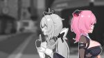  2girls black_bow black_dress bow breasts commentary_request dress elf elysia_(honkai_impact) elysia_(miss_pink_elf)_(honkai_impact) feathers game_screenshot_background hair_bow highres honkai_(series) honkai_impact_3rd index_finger_raised large_breasts long_hair lty-d medium_hair mihoyo multiple_girls official_alternate_costume partially_colored pink_hair pointy_ears remielle_dan remielle_dan_(moonlight_whispers) screenshot_background very_long_hair zenless_zone_zero 