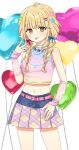  1girl :p absurdres balloon bare_shoulders belt belt_buckle blonde_hair blue_shirt braid breasts brown_eyes buckle chiune_(yachi) closed_mouth fujita_kotone gakuen_idolmaster gradient_clothes gradient_shirt groin hair_ornament hair_over_shoulder hairclip heart_balloon highres idolmaster long_hair low_twintails navel pink_belt pink_shirt plaid_clothes plaid_skirt pleated_skirt purple_skirt shirt simple_background skirt sleeveless sleeveless_shirt small_breasts smile solo star_(symbol) star_hair_ornament tongue tongue_out twin_braids twintails white_background 
