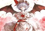  ascot bad_id bad_pixiv_id banned_artist bat_wings blue_hair brooch dress gloves hat jewelry kozou_(soumuden) red_eyes red_gloves remilia_scarlet short_hair smile solo touhou white_dress wings 