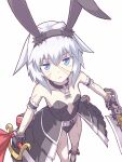  1girl :< animal_ear_hairband animal_ears armband asymmetrical_dual_wielding bare_shoulders belt black_armband black_gloves black_hairband black_leotard blue_eyes breasts bunny_day closed_mouth clothing_request collar commentary cutlass dual_wielding fake_animal_ears fate/grand_order fate_(series) foot_out_of_frame frilled_armband frills from_above gloves gunblade hair_flaps hairband highres holding holding_sword holding_weapon jewelry kenigou leotard light_blush looking_at_viewer mary_read_(fate) mary_read_(swimsuit_archer)_(third_ascension)_(fate) multiple_scars necklace nontraditional_playboy_bunny playboy_bunny rabbit_ear_hairband rabbit_ears scar scar_on_arm scar_on_face scar_on_leg scar_on_stomach shoes short_hair sidelocks skull_and_crossbones skull_necklace skull_ornament small_breasts solo sword weapon white_background white_hair 