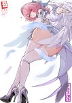  1girl absurdres ass breasts bridal_gauntlets commentary copyright_logo dress feather_censor feathers from_below high_heels highres kiros_temple large_breasts logo looking_at_viewer panties pink_hair pointy_ears purple_eyes remielle_dan signature simple_background solo thighhighs thighs underwear white_background white_dress white_feathers white_panties white_thighhighs white_wings wings zenless_zone_zero 