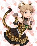  1girl animal_ears animal_print arm_strap breasts brown_eyes brown_hair card_commentary commentary_request cowboy_shot dress fake_animal_ears fake_tail fingerless_gloves frilled_dress frills fur_collar game_asset gaogao_leopard_(idolmaster) gloves hair_bun hands_up idolmaster idolmaster_million_live! idolmaster_million_live!_theater_days leopard_ears leopard_print leopard_tail looking_at_viewer medium_breasts o-ring o-ring_arm_strap official_alternate_costume official_art open_mouth paw_pose print_dress print_gloves short_dress sidelocks single_hair_bun sleeveless sleeveless_dress solo standing tail tenkubashi_tomoka third-party_source 