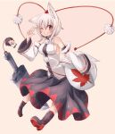  1girl ;) animal_ears bare_shoulders black_boots black_skirt boots breasts character_charm charm_(object) closed_mouth commentary_request elbow_gloves fingerless_gloves full_body gloves hat highres huge_weapon inubashiri_momiji kuro-ekaki medium_breasts one_eye_closed pom_pom_(clothes) red_eyes shameimaru_aya shield short_hair simple_background skirt smile solo sword tail tokin_hat touhou weapon white_hair wolf_ears wolf_girl wolf_tail 