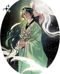 2boys arms_around_another's_waist bindi black_background black_hanfu border chest_tattoo chinese_clothes closed_mouth colored_inner_hair commentary curtained_hair english_commentary facial_tattoo floating_hair flower green_eyes green_hair green_hanfu hand_tattoo hanfu highres holding holding_flower hug hug_from_behind light_rays lily_of_the_valley long_hair luo_binghe male_focus manonnym117 multicolored_hair multiple_boys neck_tattoo parted_bangs parted_hair pectoral_cleavage pectorals red_tattoo round_border shen_qingqiu smile star_(sky) star_(symbol) starry_sky_print sun tattoo the_scum_villain's_self-saving_system very_long_hair wavy_hair white_border white_flower white_hair wolf_cut yaoi 