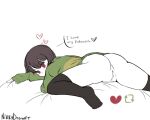  1girl artist_name artist_request ass black_thighhighs blush_stickers brown_hair chara_(undertale) english_text genderswap genderswap_(otf) green_shirt heart like_and_retweet long_sleeves looking_at_viewer lying nikkydrawft no_shoes on_bed on_stomach pussy red_eyes shirt short_hair sleeves_past_wrists solo speech_bubble thighhighs third-party_source undertale utdr_(toby_fox) white_background 