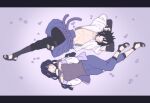  1boy 1girl arms_behind_head bare_pectorals belt black_eyes black_hair black_pants blue_pants breasts chainsaw_man commentary fishnet_top fishnets highres hyuuga_hinata jacket large_breasts letterboxed looking_at_viewer manya_(manyafandomx) naruto_(series) naruto_shippuuden open_clothes open_jacket open_shirt pants parody pectorals purple_background purple_belt sandals shirt short_hair short_sleeves uchiha_sasuke white_shirt 