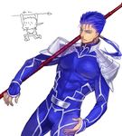 awa_suna blue_hair chibi chibi_inset earrings fate/stay_night fate_(series) gae_bolg jewelry lancer long_hair male_focus polearm ponytail red_eyes solo spear weapon 