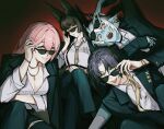  1boy 3girls :p absurdres alternate_costume animal_ear_fluff animal_ears armlet asaba_harumasa black_hair black_jacket blue_skin blunt_bangs breasts cleavage closed_mouth colored_skin commentary cowboy_shot crossed_legs earrings fox_ears fox_girl hair_between_eyes hhhye_tw highres hoshimi_miyabi jacket jewelry long_hair looking_at_viewer multiple_girls necklace necktie oni open_mouth parted_bangs pink_eyes pink_hair pointy_ears red_eyes ring shirt short_hair sidelocks smile soukaku_(zenless_zone_zero) suit sunglasses tongue tongue_out tsukishiro_yanagi untranslatable_commentary upper_body white_hair white_shirt yellow_eyes yellow_necktie zenless_zone_zero 
