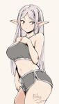  1girl alternate_breast_size_(larger) alternate_costume artist_name breasts chinese_commentary commentary_request crop_top dolphin_shorts elf frieren grey_eyes grey_shorts large_breasts long_pointy_ears looking_to_the_side navel parted_bangs pointy_ears relaxjon shorts simple_background solo sousou_no_frieren standing white_background white_hair 