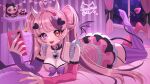  1girl ahoge asymmetrical_legwear bed breasts bubble_tea choker cleavage collar demon_girl demon_horns demon_tail demon_wings dress fang hair_ornament heart heart_ahoge heart_hair_ornament highres horns indie_virtual_youtuber ironmouse large_breasts legs lilichanxxx long_hair looking_at_viewer mismatched_legwear mismatched_thighhighs multicolored_hair night on_bed open_mouth pink_choker pink_collar pink_dress pink_hair pink_nails pink_sleeves pink_thighhighs pointy_ears purple_eyes purple_hair purple_nails purple_sleeves purple_streaks purple_thighhighs red_eyes skin_fang sky solo star_(sky) starry_sky streaked_hair tail thick_thighs thighhighs thighs twintails virtual_youtuber white_horns window wings 