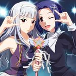  ;d a-1_pictures ahoge blue_hair company_connection cosplay cross cross_hair_ornament hair_ornament hairband idolmaster idolmaster_(classic) kannagi kouchou long_hair miura_azusa multiple_girls nagi nagi_(cosplay) one_eye_closed open_mouth red_eyes shijou_takane silver_hair smile wand zange zange_(cosplay) 