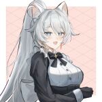  1girl absurdres ahoge alternate_costume animal_ears black_dress black_gloves blue_eyes border breasts cat_ears dress earrings gloves highres honkai_(series) honkai_impact_3rd jewelry kemonomimi_mode kiana_kaslana kiana_kaslana_(herrscher_of_flamescion) large_breasts long_hair looking_at_viewer pink_background simple_background solo very_long_hair white_border white_hair yue_kanade 
