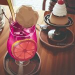  art_study artist_name bowl chair cherry commentary english_commentary food food_focus fruit glass ice ice_cream ice_cube indoors lemon lemon_slice nabatame_kazutaka original plate pudding soda spoon table tile_floor tiles tray twitter_username whipped_cream 