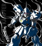  cable character_name commentary glowing glowing_eye gun gundam gundam_0080 highres js_71535 kampfer_(mobile_suit) lens_flare mecha mecha_focus mobile_suit no_humans one-eyed_mecha radio_antenna red_eyes robot scene_reference science_fiction shotgun smoke solo throwing_weapon weapon zeon 