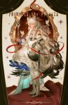  1girl absurdres ambience_synesthesia animal_ear_fluff animal_ears arknights bird boots braid character_name chinese_commentary closed_eyes commentary_request curtains detached_sleeves dress facing_viewer full_body gradient_hair grey_hair hair_between_eyes highres holding holding_own_tail holding_scepter jewelry kuilaogouhuabudongle long_hair long_sleeves mirror multicolored_hair necklace official_alternate_costume pantyhose pramanix_(arknights) pramanix_the_prerita_(arknights) pramanix_the_prerita_(hymn_to_sunbreak)_(arknights) red_ribbon ribbon scepter snow_leopard_ears snow_leopard_girl snow_leopard_tail solo sparkle standing tail twin_braids very_long_hair white_boots white_dress white_pantyhose 