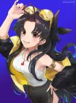  1girl absurdres armlet artist_name bare_shoulders black_hair black_jacket black_skirt breasts commentary_request earrings eyewear_on_head fate/grand_order fate_(series) hair_ribbon highres hoop_earrings ishtar_(fate) jacket jewelry kachin long_hair medium_breasts nail_art red_eyes ribbon rin's_pendant_(fate) shirt side_slit skirt sleeveless sleeveless_shirt smile solo sunglasses two_side_up white_shirt 