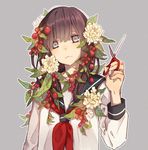  brown_hair flower grey_background grey_eyes hair_flower hair_ornament io_(sinking=carousel) leaf long_hair original school_uniform scissors serafuku simple_background solo upper_body 