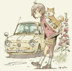  >_< 1girl animal_on_back black_shoes brown_dog brown_eyes brown_hair brown_shorts car closed_mouth commentary dog flower hair_ornament highres jacket leaning_forward letterman_jacket looking_at_animal looking_back momose_riko motor_vehicle outdoors panda_hair_ornament pink_flower puddle radio_antenna red_jacket sekihan shiba_inu shoes short_hair shorts signature smile sneakers socks solo subaru_(brand) subaru_r-2 tongue tongue_out white_socks yellow_car zesshaka!_shiritsu_yotsuwa_joshi_gakuin_zetsumetsu_kigu-sha_gakka 