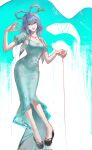  1girl 320tbsyc black_shoes blue_dress blue_hair commentary_request dress hagoromo hair_ornament hair_rings hair_stick highres kaku_seiga okobo platform_sandals sandals shawl shoes solo string string_of_fate touhou 